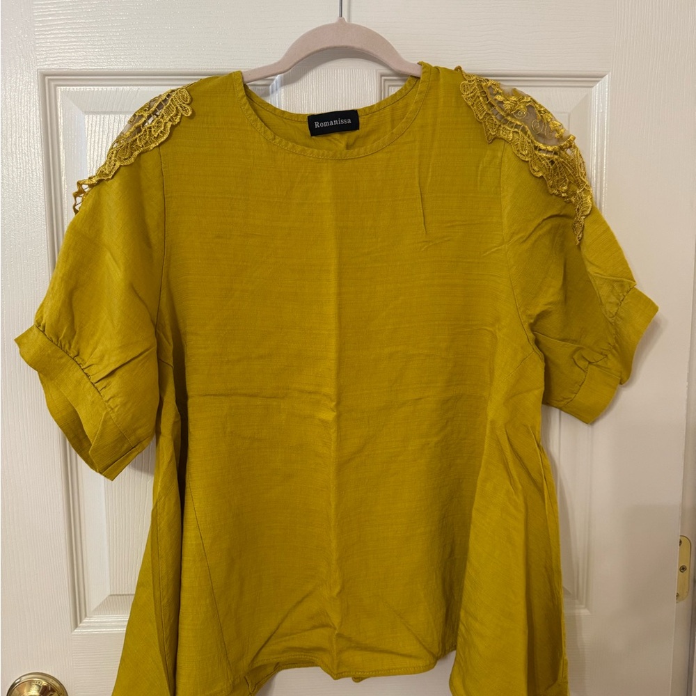Yellow Boxy Blouse with Cuffed Sleeves and Embellishments